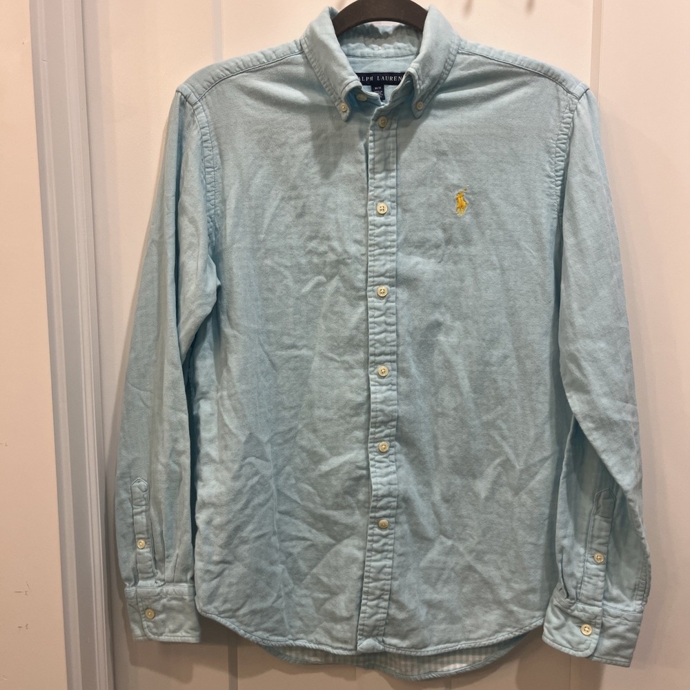 Ralph Lauren Button Down Shirt Mens Sz Medium Gauze Cotton Plaid / Light Blue